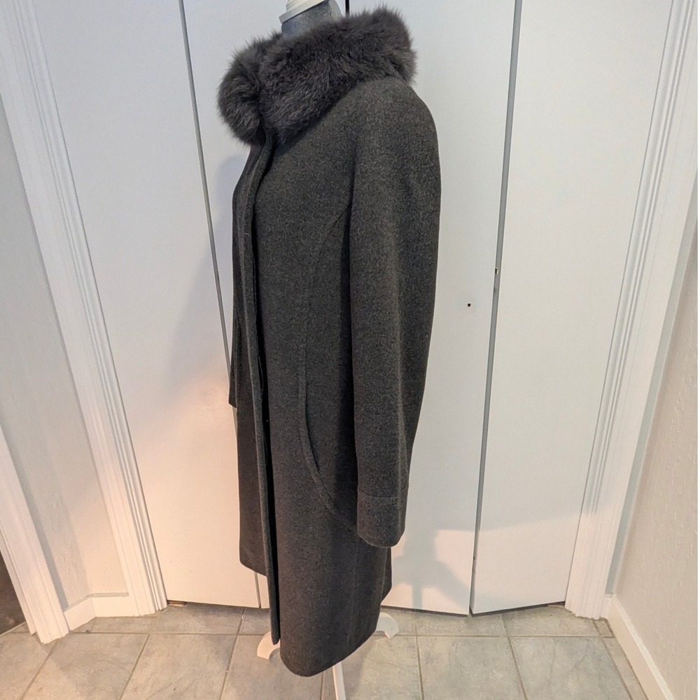 Albert Nipon Womens 10 Wool Fox Fur Trim Coat Charcoal Grey Longline 891697L - Picture 5 of 15
